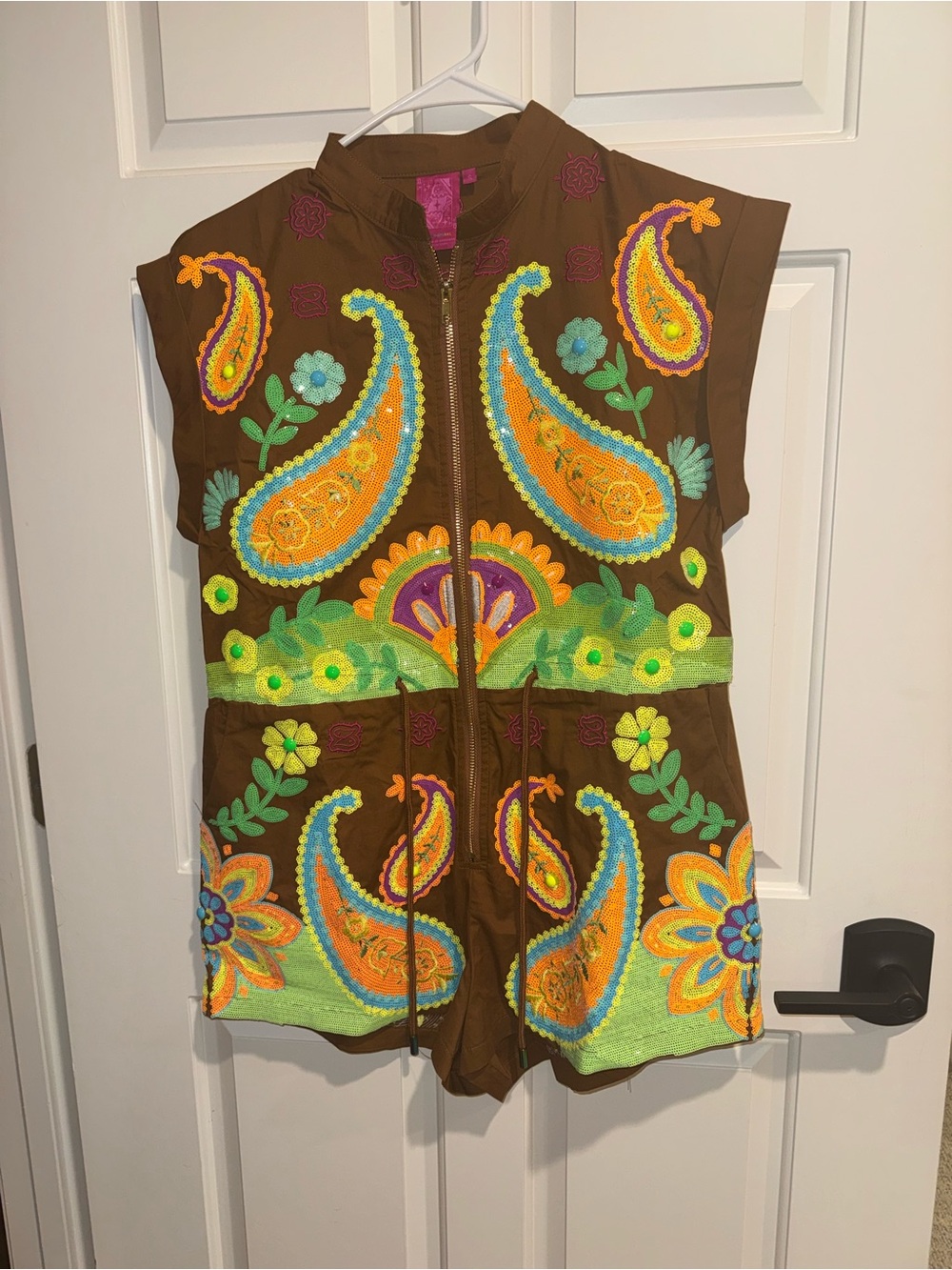 QUEEN OF SPARKLES Brown Embroidered Paisley Romper with Bright Accents